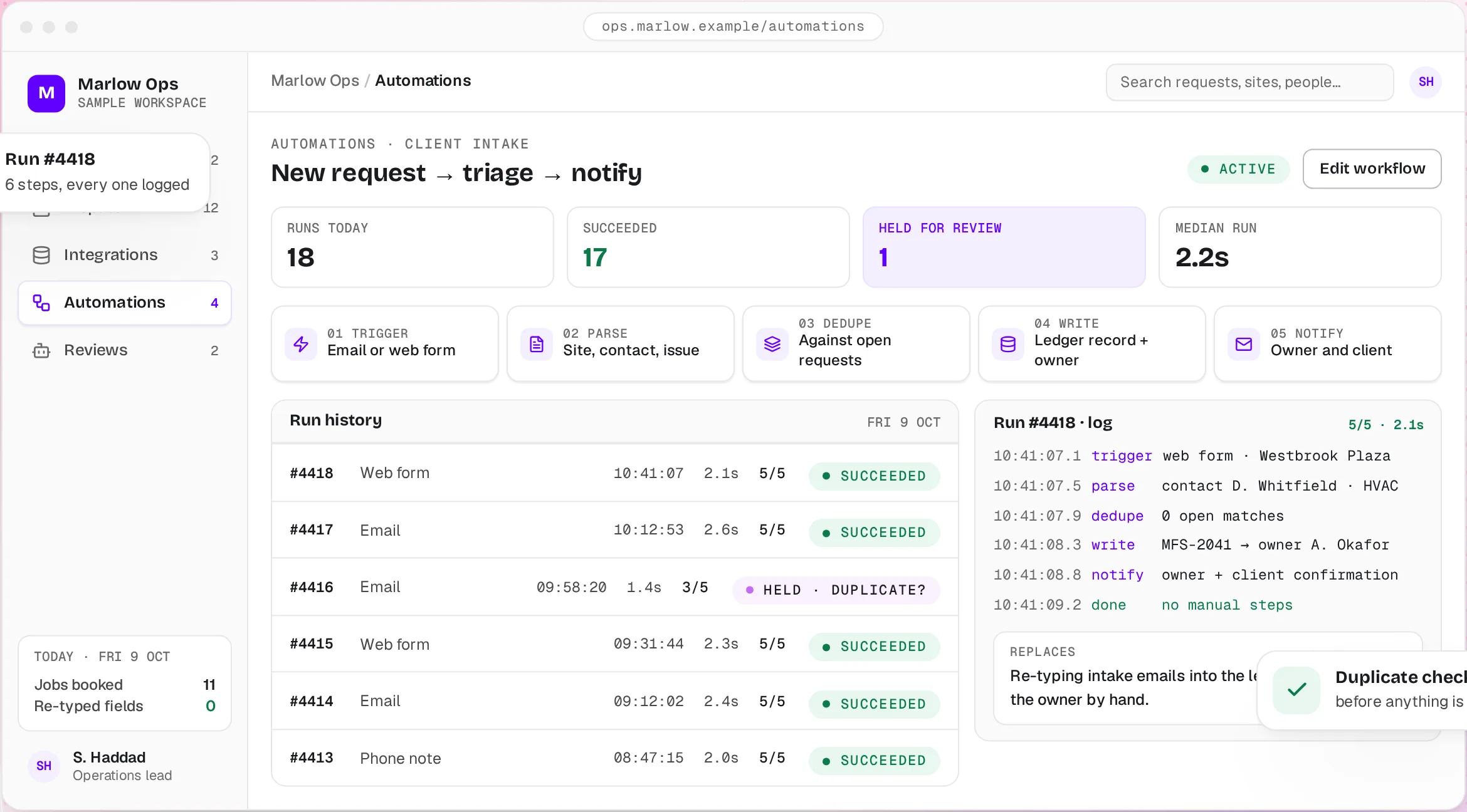 Illustrative concept: intake automation with workflow steps, run history and a run log.