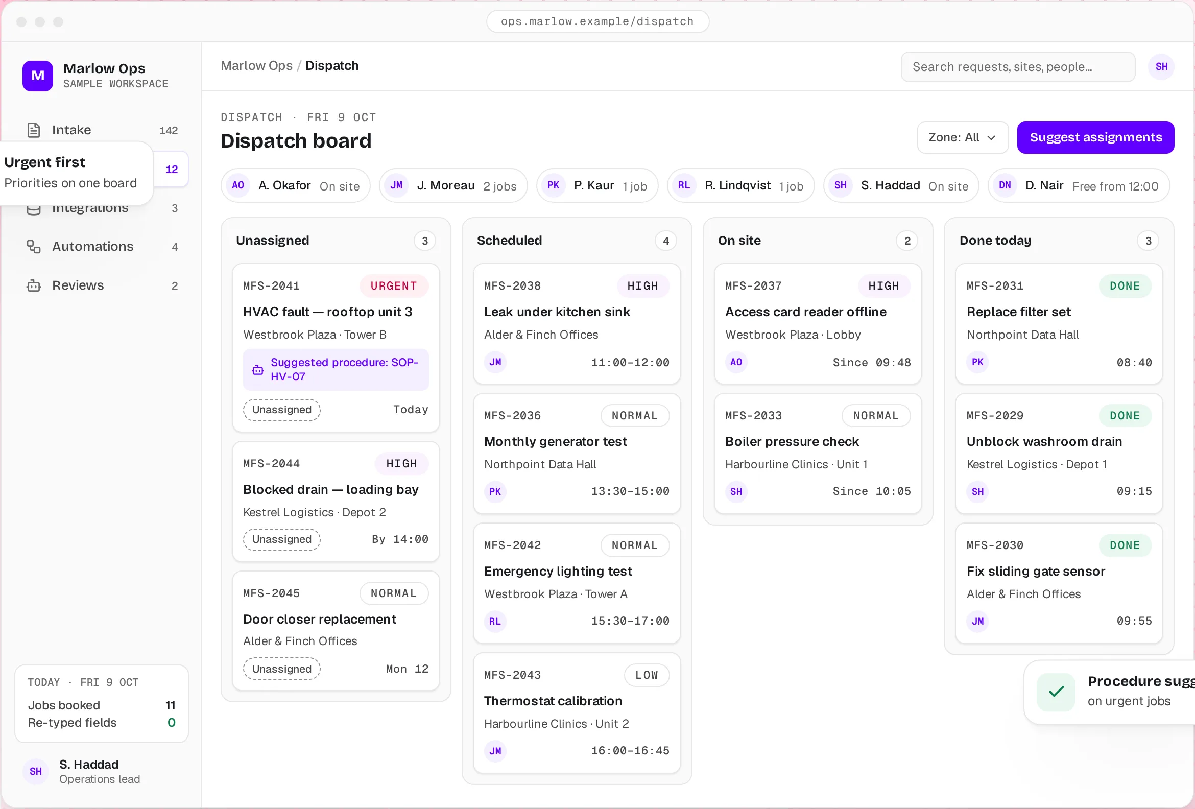 Illustrative concept: dispatch board with technician assignments across four columns.