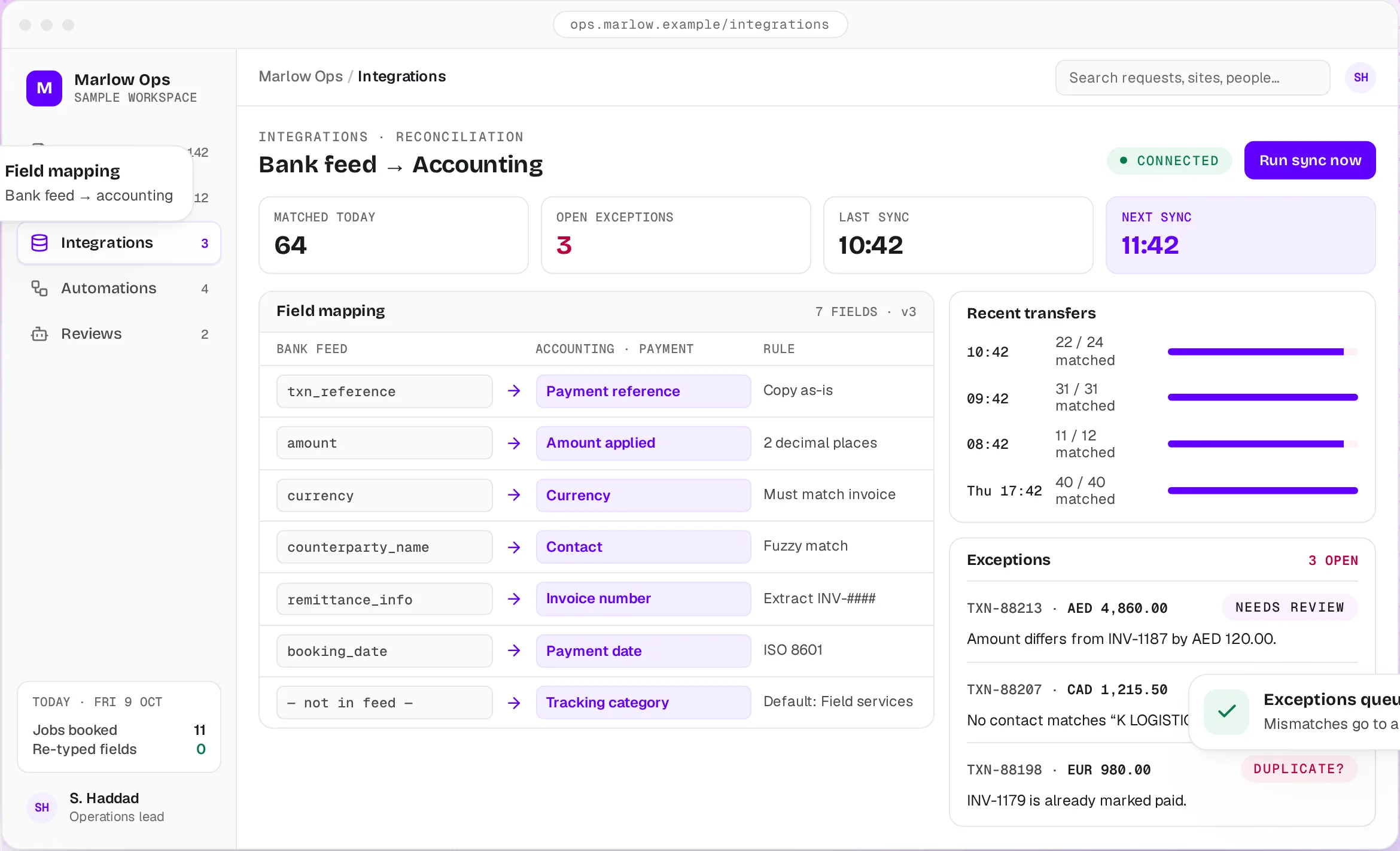 Illustrative concept: bank feed to accounting field mapping with recent transfers and open exceptions.