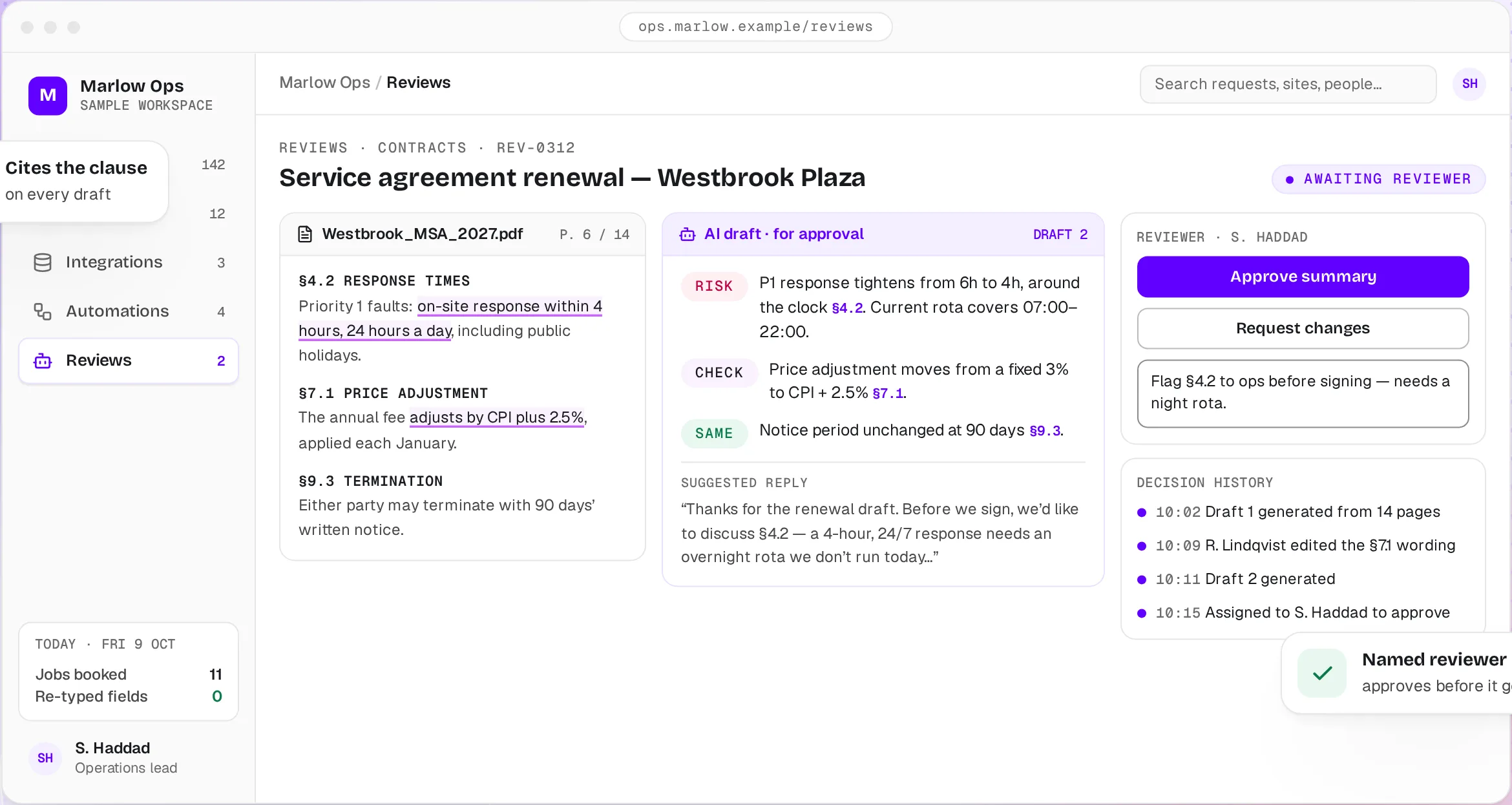 Illustrative concept: AI-assisted contract review with source clauses, a draft summary and reviewer decision history.